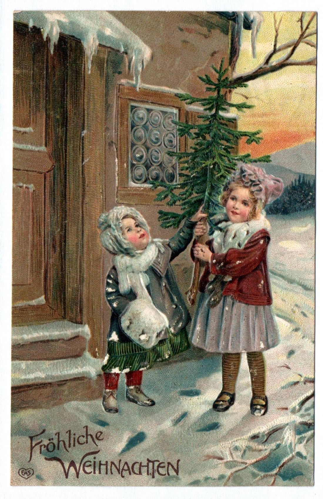 Künstler Ak Fröhliche Weihnachten Kinder mit Tannenbaum im Schnee geprägt Künstler Ak Fröhliche Weihnachten Kinder mit Tannenbaum im Schnee geprägt