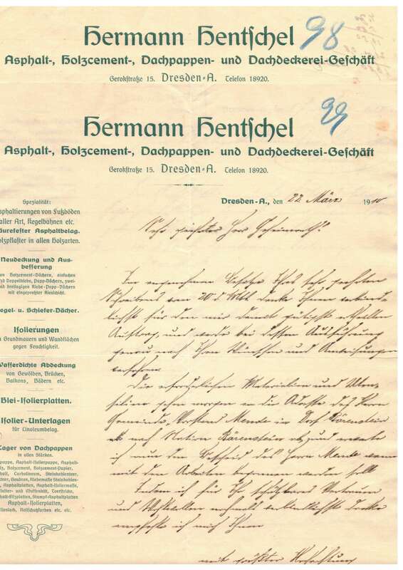 2 x Briefkopf Hermann Hentschel Asphalt Dachpappen Dresden A 1910 