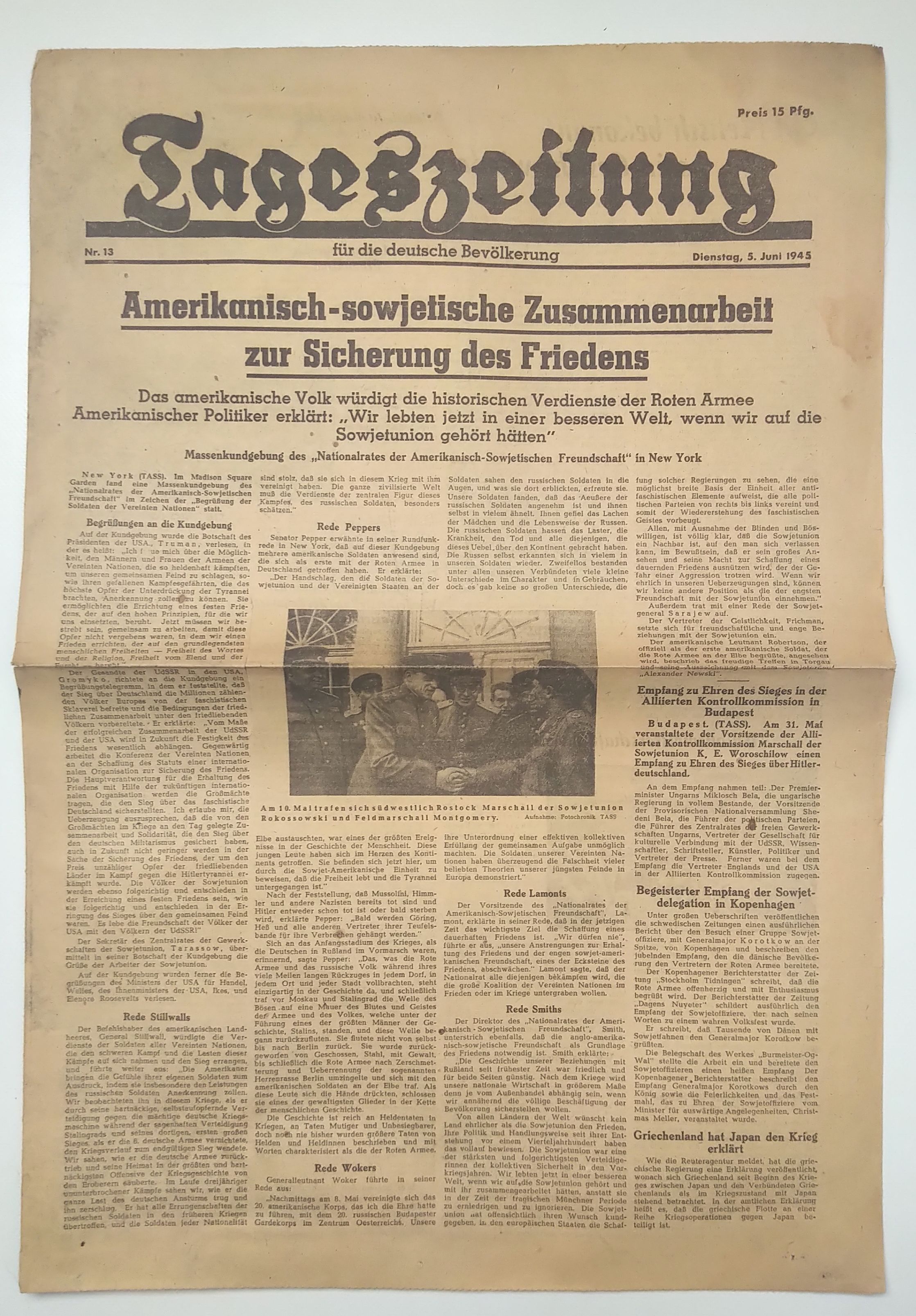 Tageszeitung Amerika Sowjetunion 1945 Nr 13 alte Zeitung