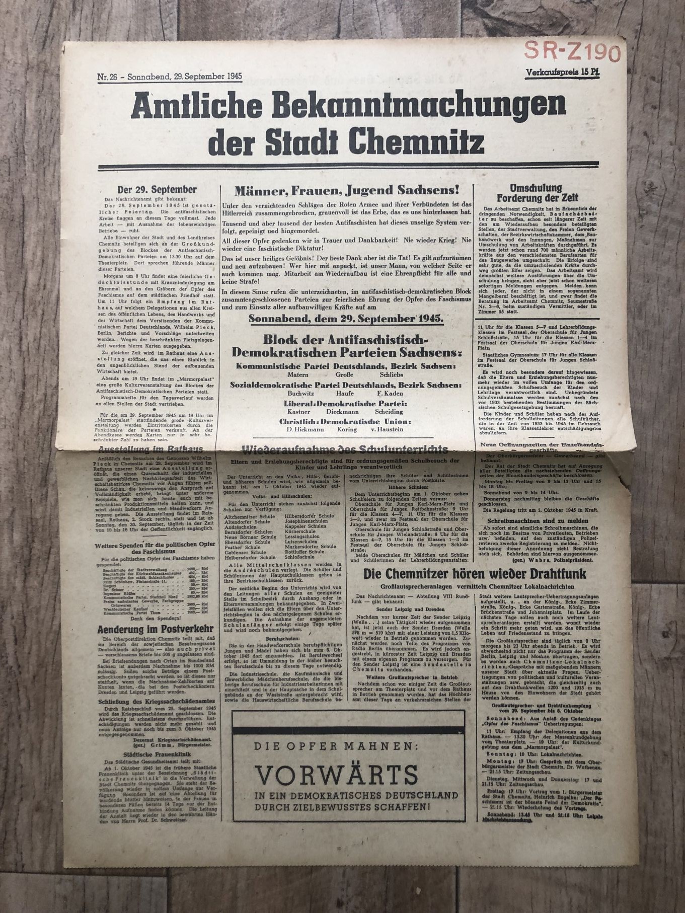 Zeitung Blatt 1945 September Männer Frauen Jugend Sachsen