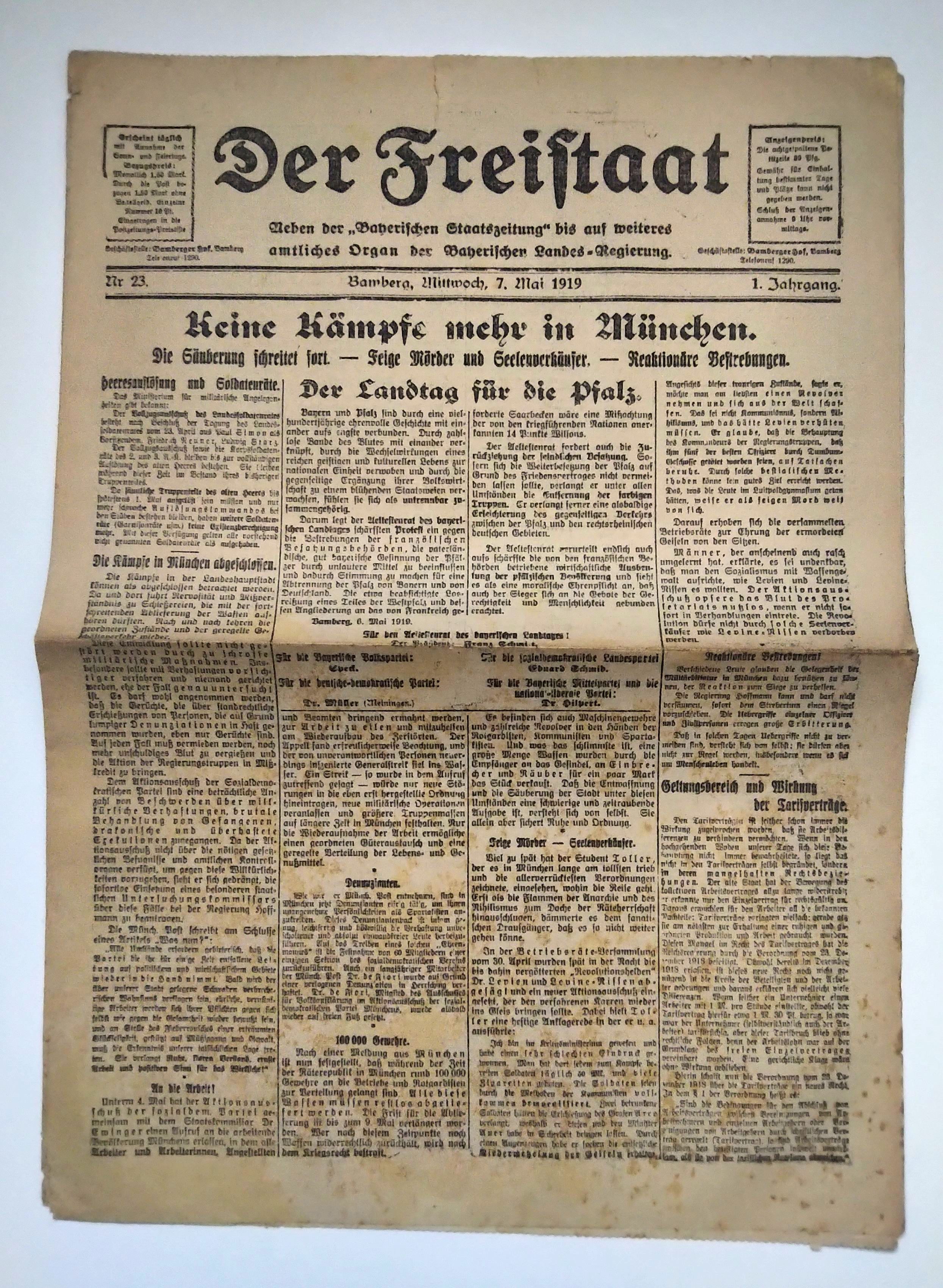 Der Freistaat 1919 Nr 23 Keine Kämpfe mehr in München Der Freistaat 1919 Nr 23 Keine Kämpfe mehr in München
