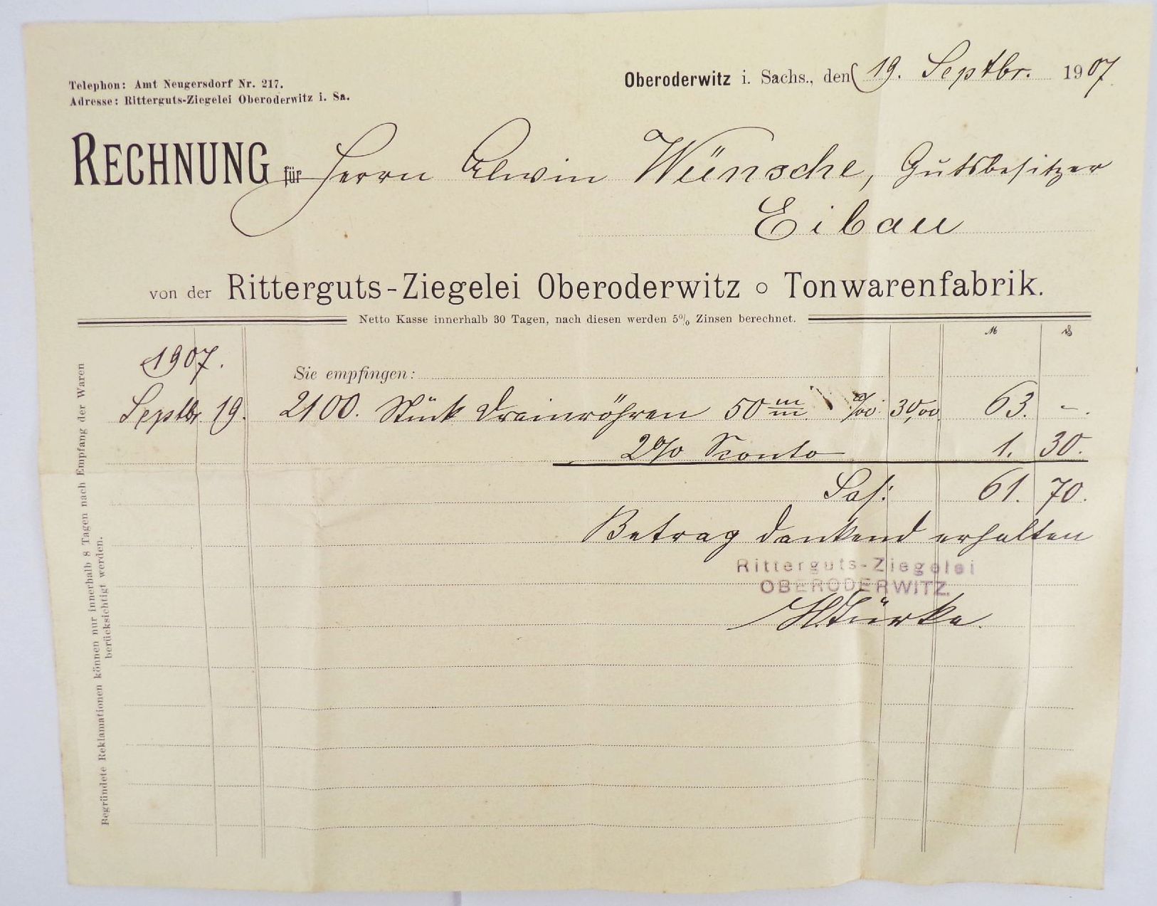 Rechnung Oberoderwitz Rittergut Ziegelei Tonwarenfabrik 3 Stück 1907