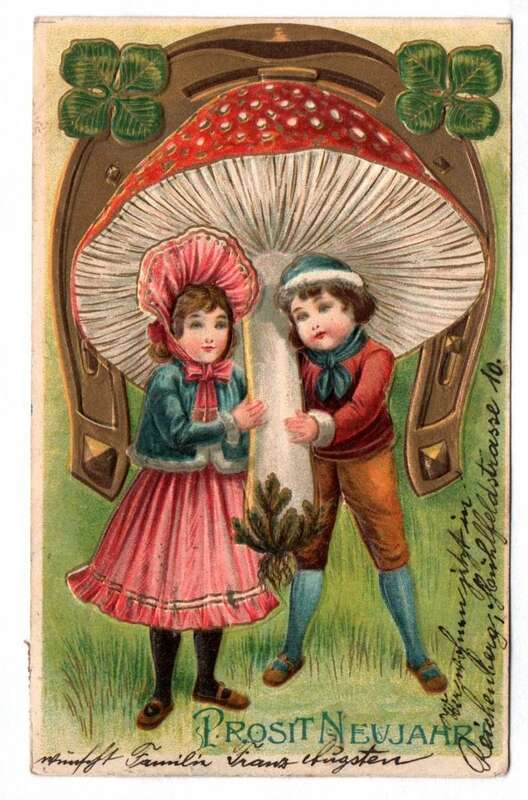 Präge Ak Kinder mit riesigen Fliegenpilz 1908 Neujahr geprägt