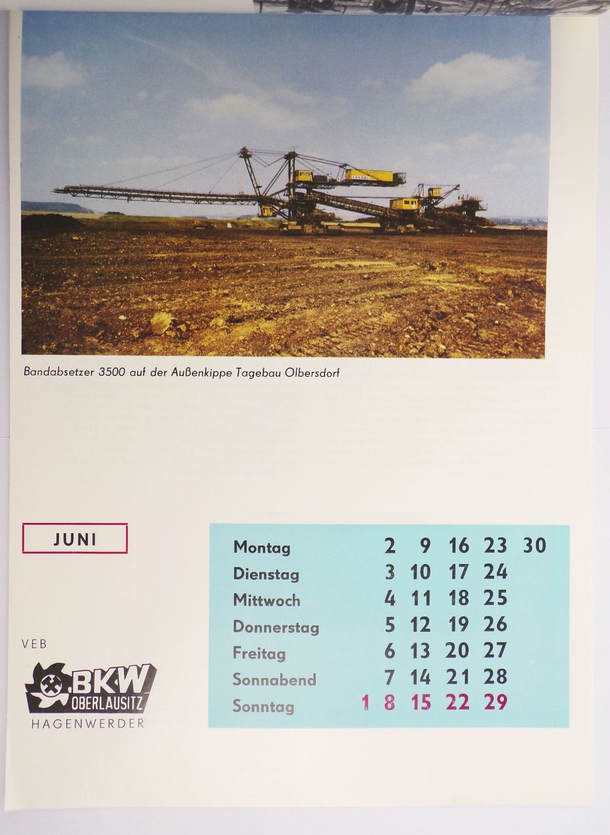 DDR Kalender VEB Braunkohlenwerk Hagenwerder 1986 BKW Oberlausitz 