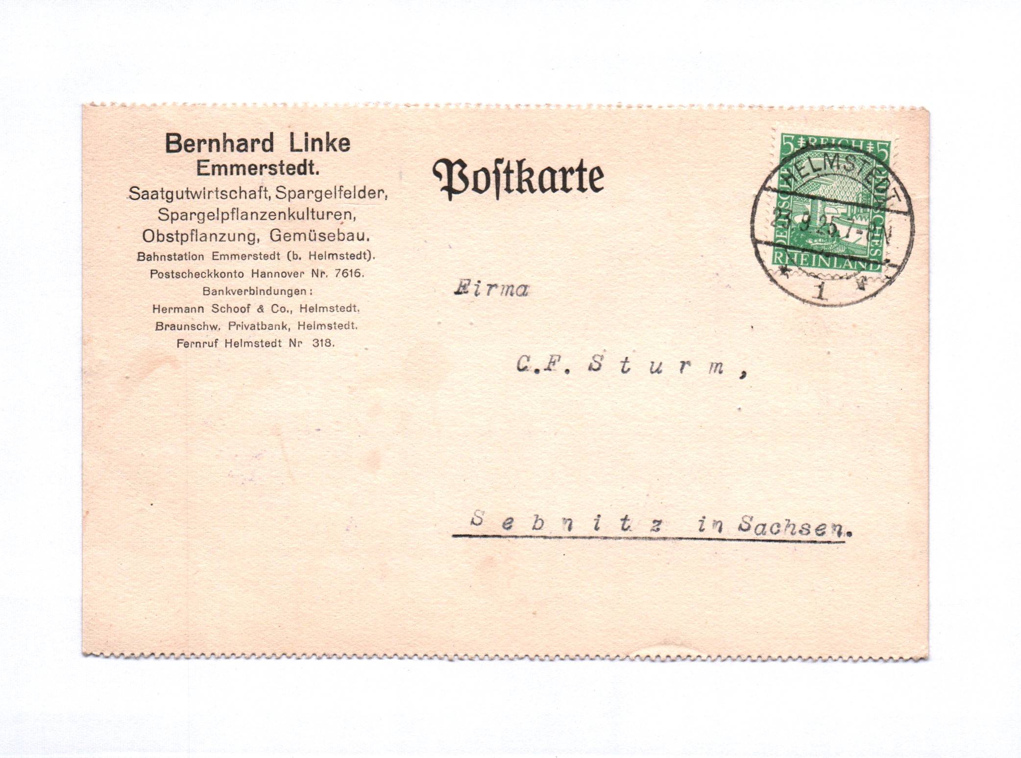 Postkarte Bernhard Linke Emmerstadt Saatgutwirtschaft 1925 Postkarte Bernhard Linke Emmerstadt Saatgutwirtschaft 1925