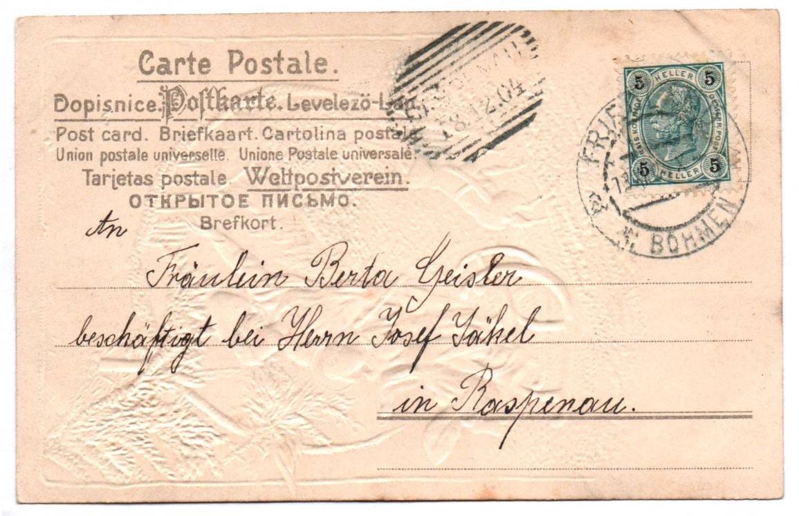 Fröhliche Weihnachten Postkarte mit Seide Engel mit Hirsch 1904 