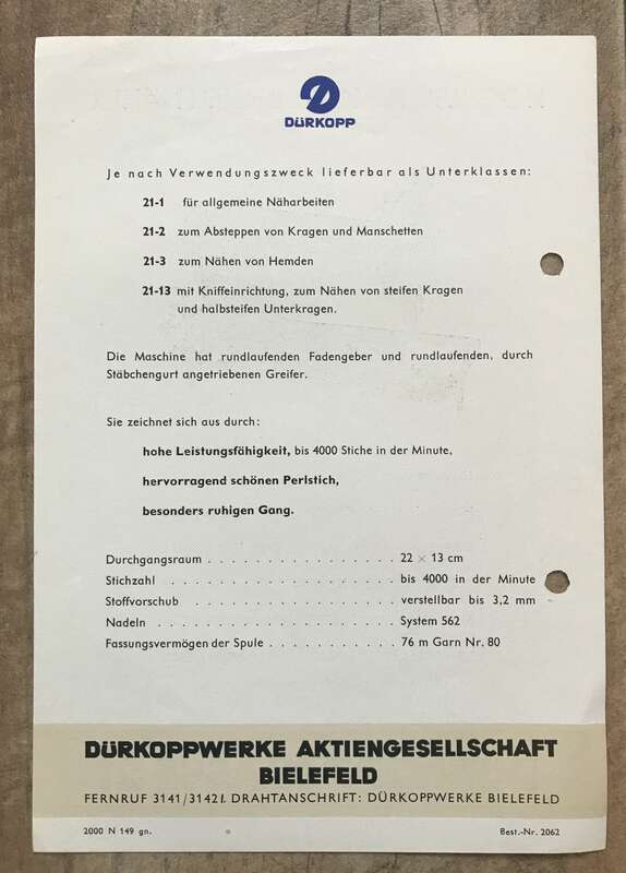 Werbeblatt DÜRKOPP Hochleistungs Schnellnäher Klasse 21 Broschüre