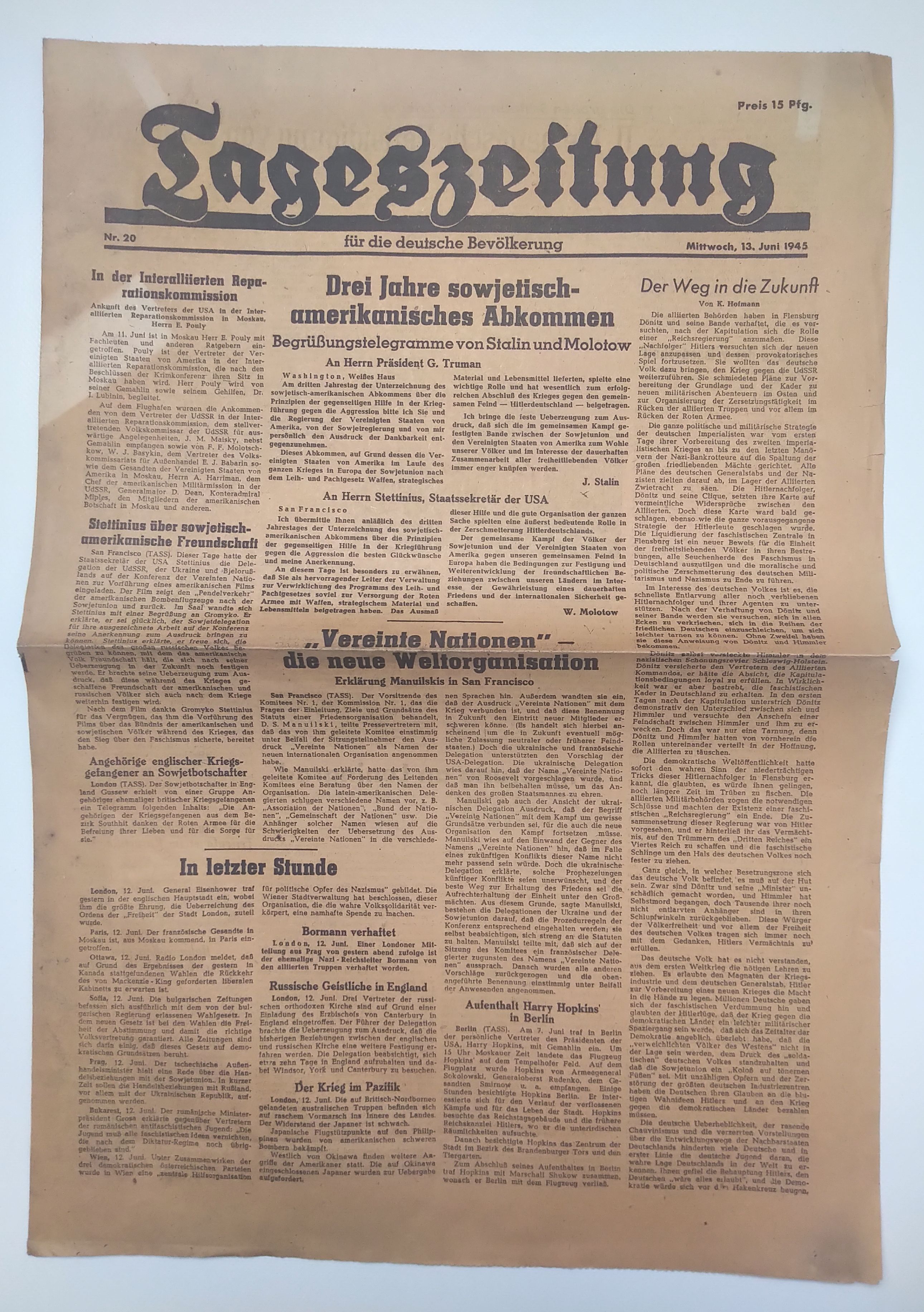 Tageszeitung Sowjetisch Amerikanisches Abkommen 1945 Stalin Molotov Nr 20 Tageszeitung Sowjetisch Amerikanisches Abkommen 1945 Stalin Molotov Nr 20