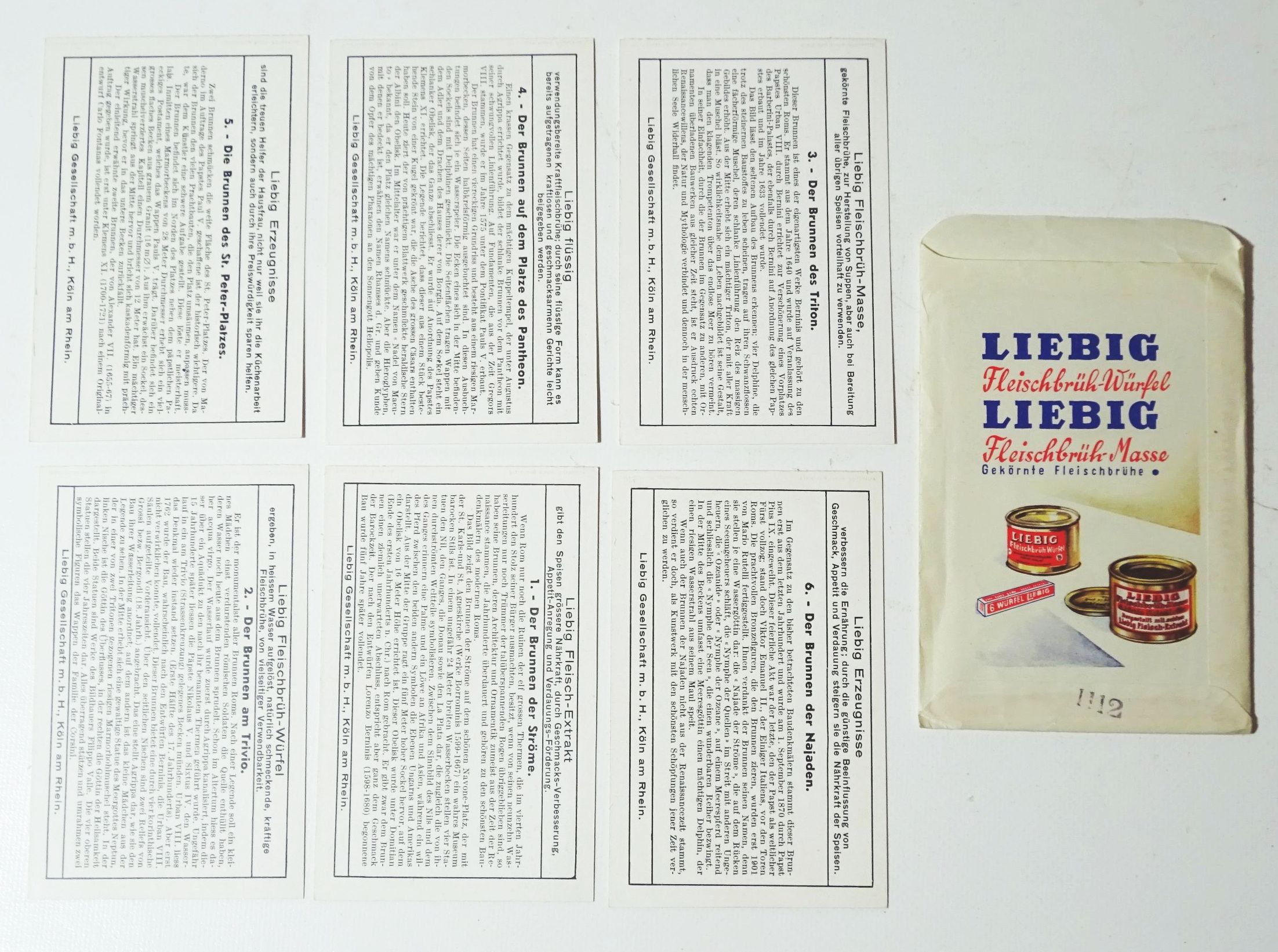 Liebig Brunnen der Stadt Rom 6 Sammelbilder mit Reklame Tüte um 1910 Liebig Brunnen der Stadt Rom 6 Sammelbilder mit Reklame Tüte um 1910