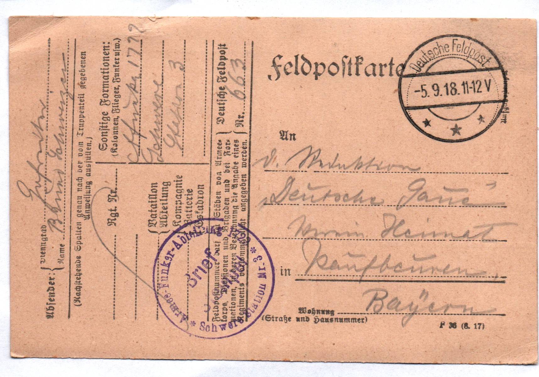 Feldpost Karte Armee Funker Abteilung Schwere Station Nr 3 Stempel 1918