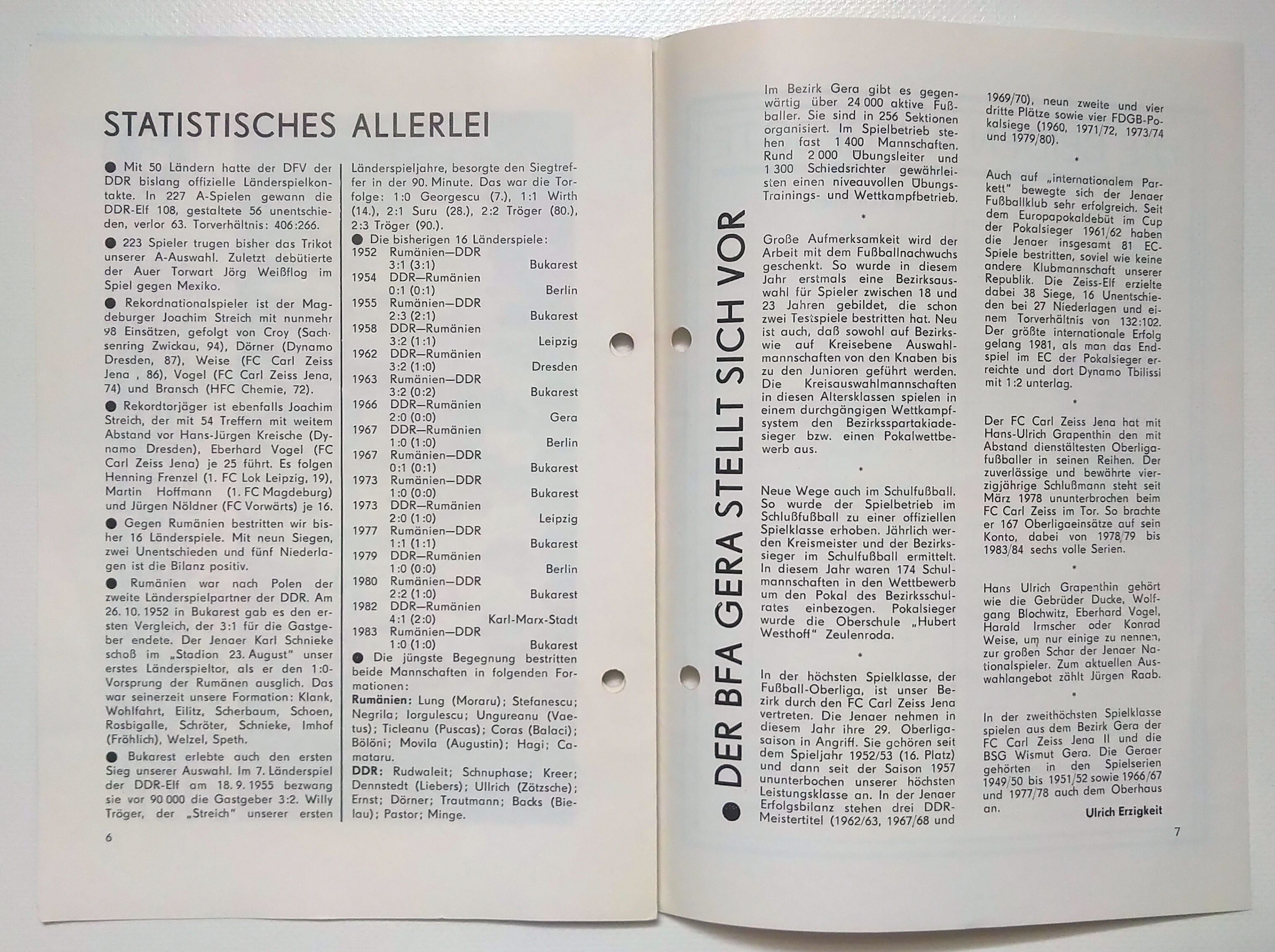 Fußball Programmheft Fußballländerspiel DDR - Rumänien 1984