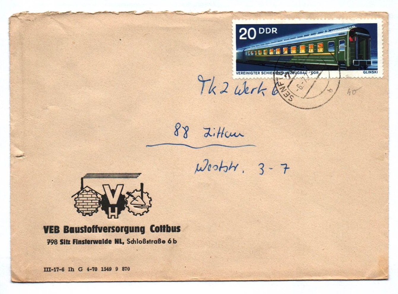Brief VEB Baustoffversorgung Cottbus 1977 Sitz Finsterwalde DDR