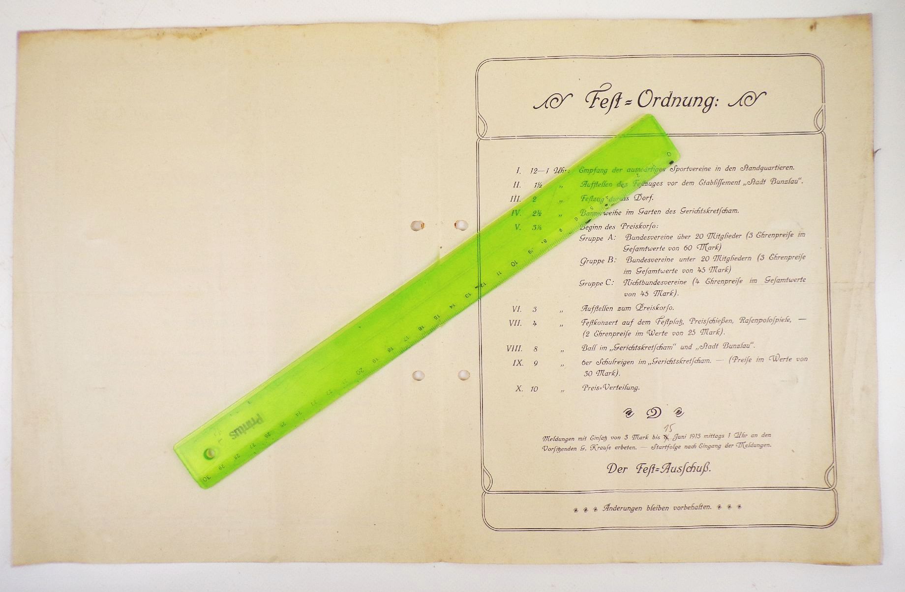 Altes Dokument Radfahrer Klub Tillendorf 1900 Schlesien 1913 Festordnung Altes Dokument Radfahrer Klub Tillendorf 1900 Schlesien 1913 Festordnung