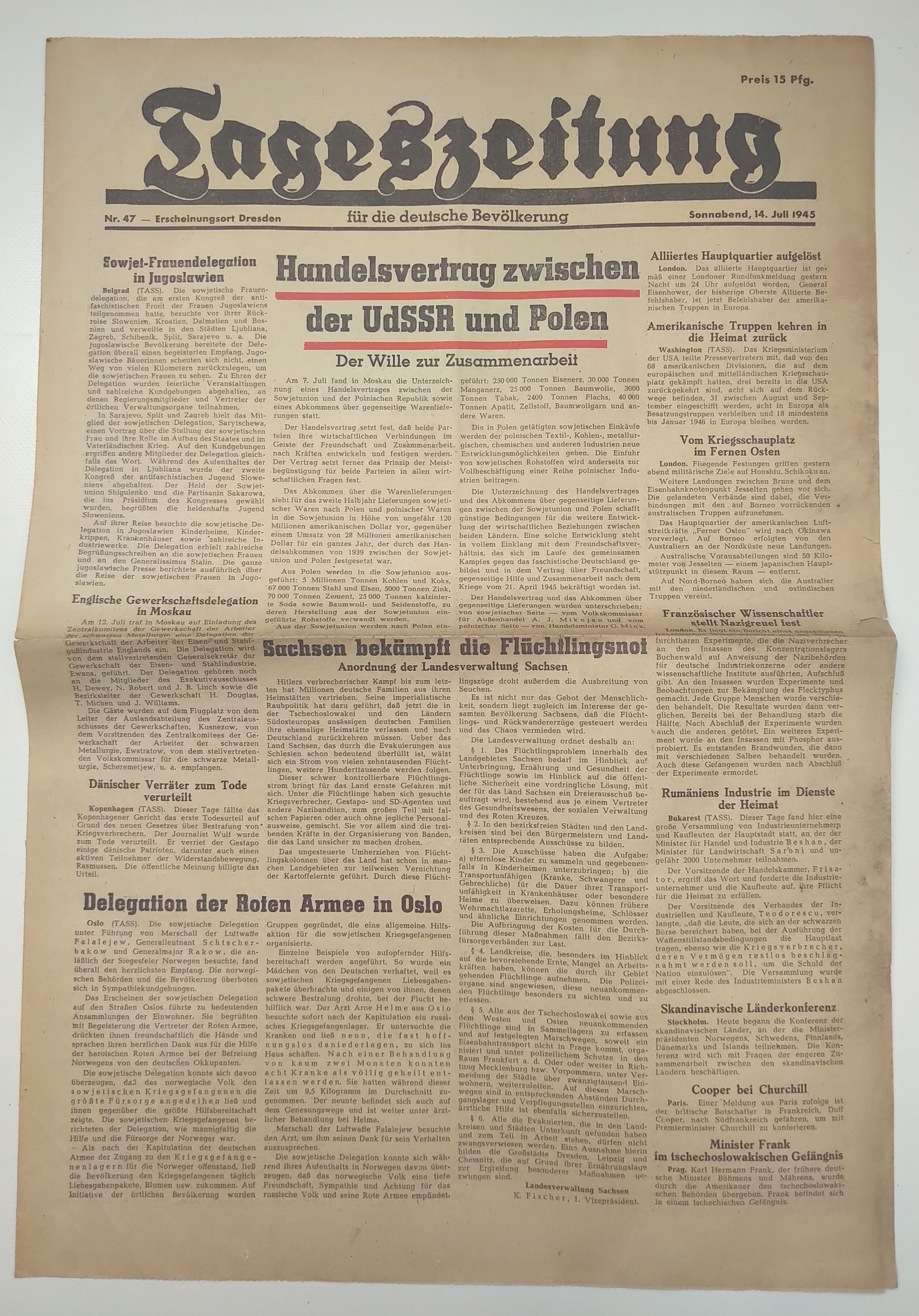 Tageszeitung Handelsvertrag zwischen UdSSR und Polen 1945 Nr 47 Tageszeitung Handelsvertrag zwischen UdSSR und Polen 1945 Nr 47