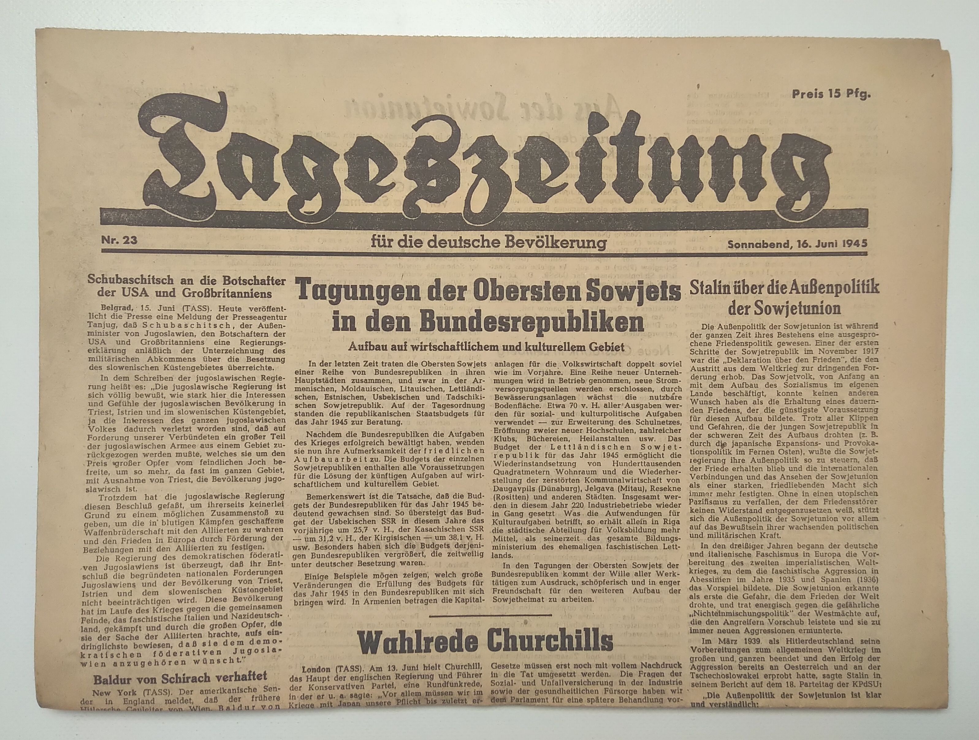 Tageszeitung Sowjets in den Bundesrepubliken 1945 Nr 23