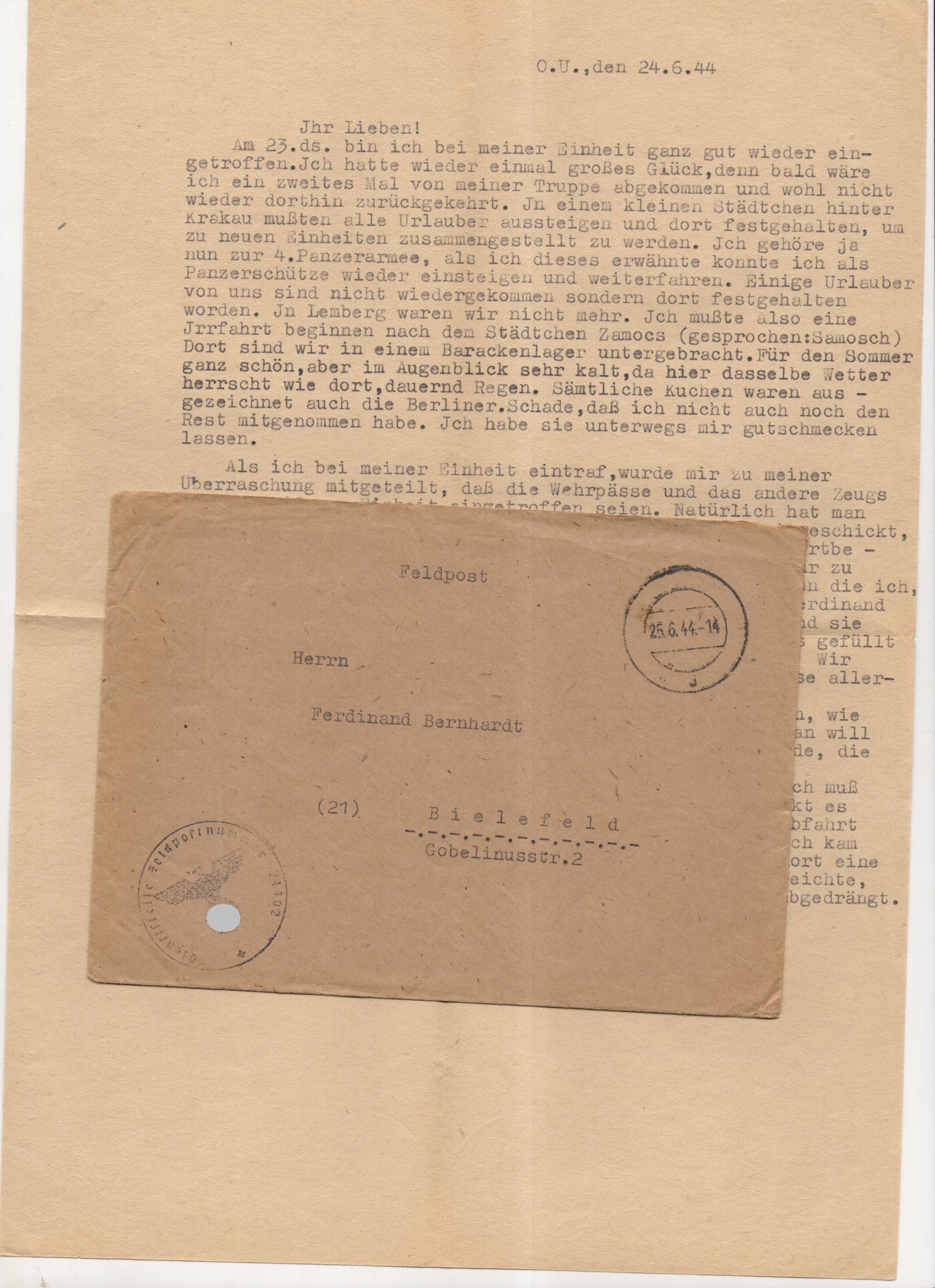 Feldpostbrief 1944 Frontstalag 124 Inhalt 4 Panzerarmee 24402