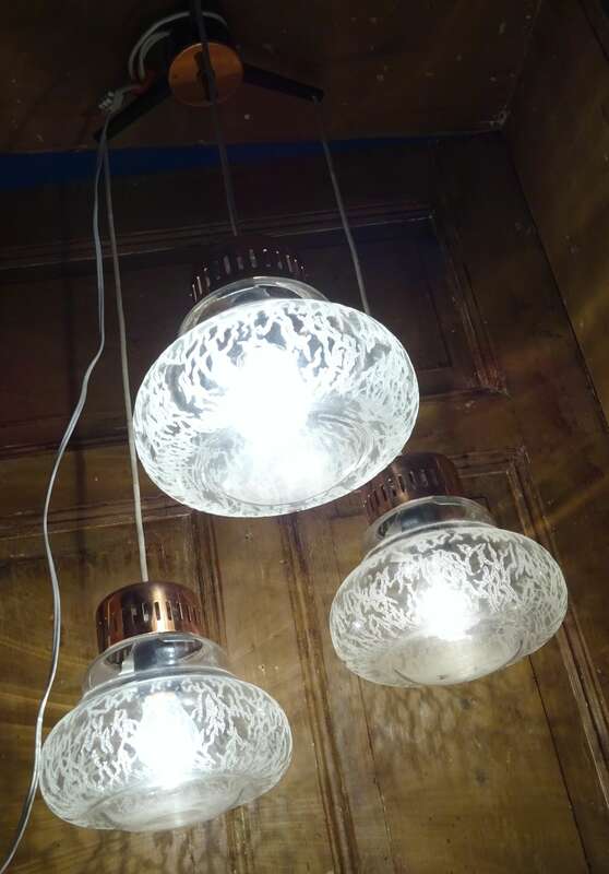 Vintage 3er Kaskadenlampe DDR Deckenlampe Hängelampe Eisglas 1970er 