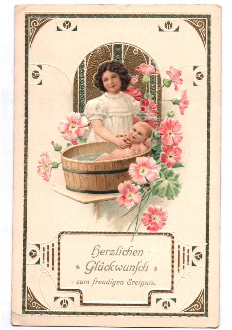 Jugendstil Ak Baby baded Geburt Glückwunsch um 1910 geprägt