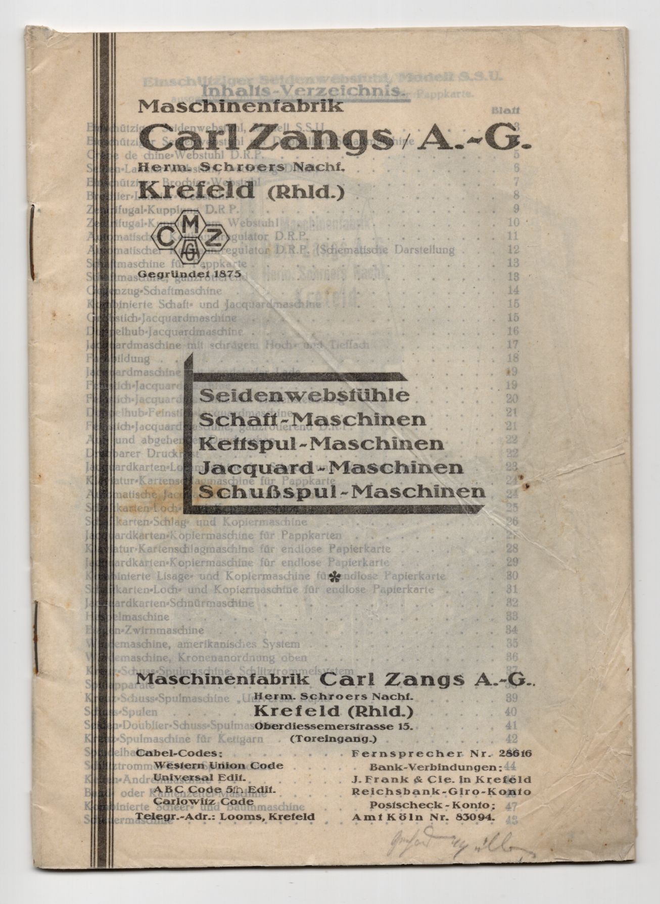 Katalog Carl Zangs AG Krefeld Webstühle Maschinen um 1910