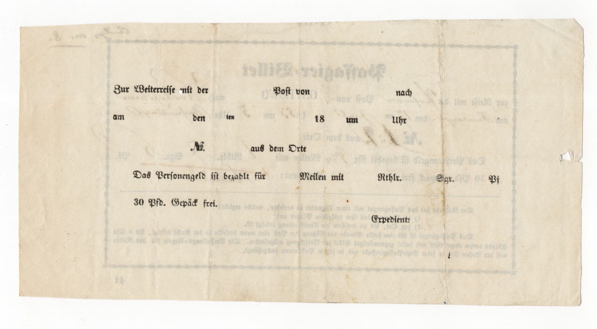Passagier Billet Ostrowo nach Krotoschin 1853 Dokument Personenpost Passagier Billet Ostrowo nach Krotoschin 1853 Dokument Personenpost