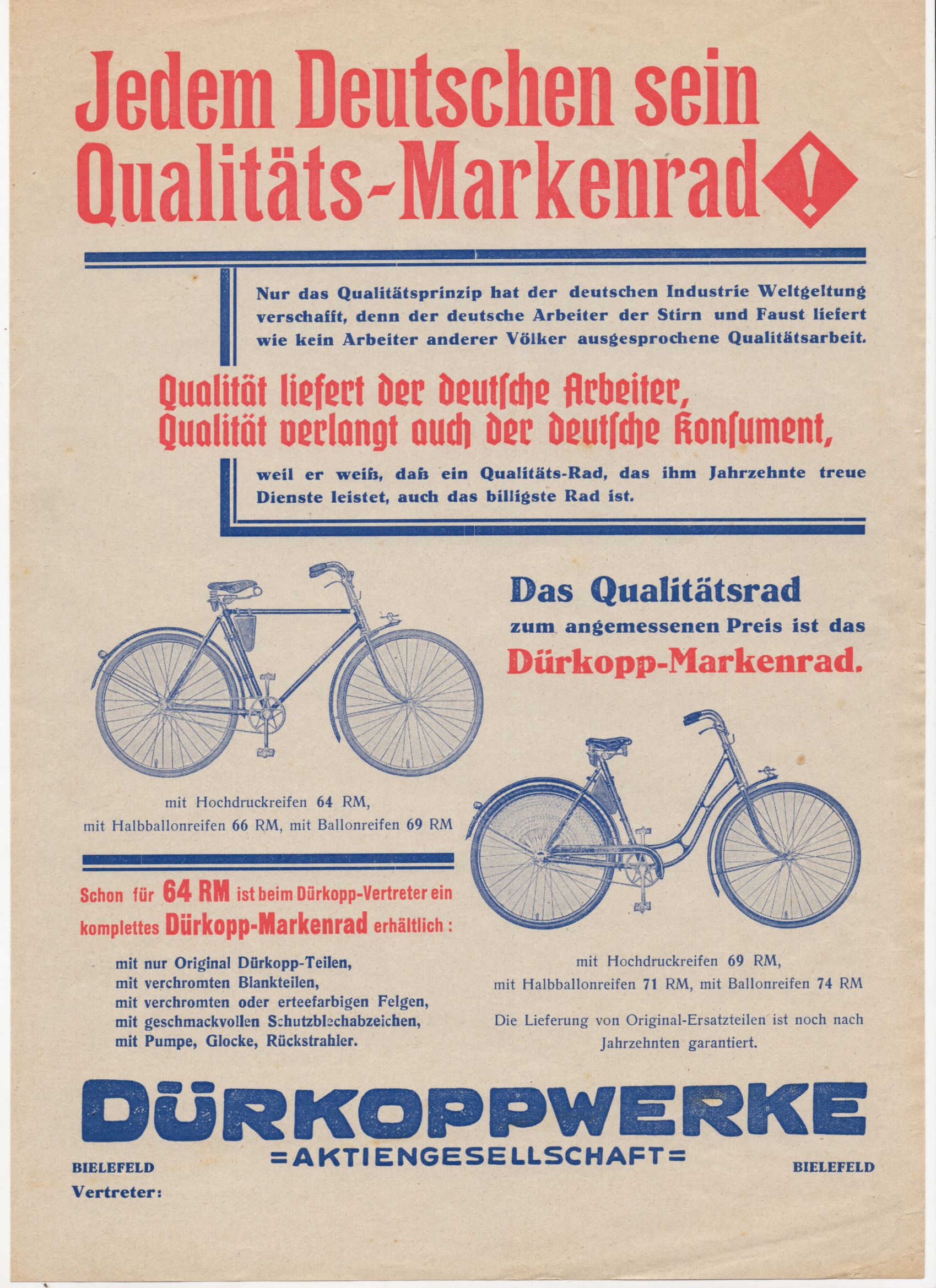 Dürkopp Fahrräder Werbung um 1930 Druck Fahrrad Oldtimer Werbeblatt