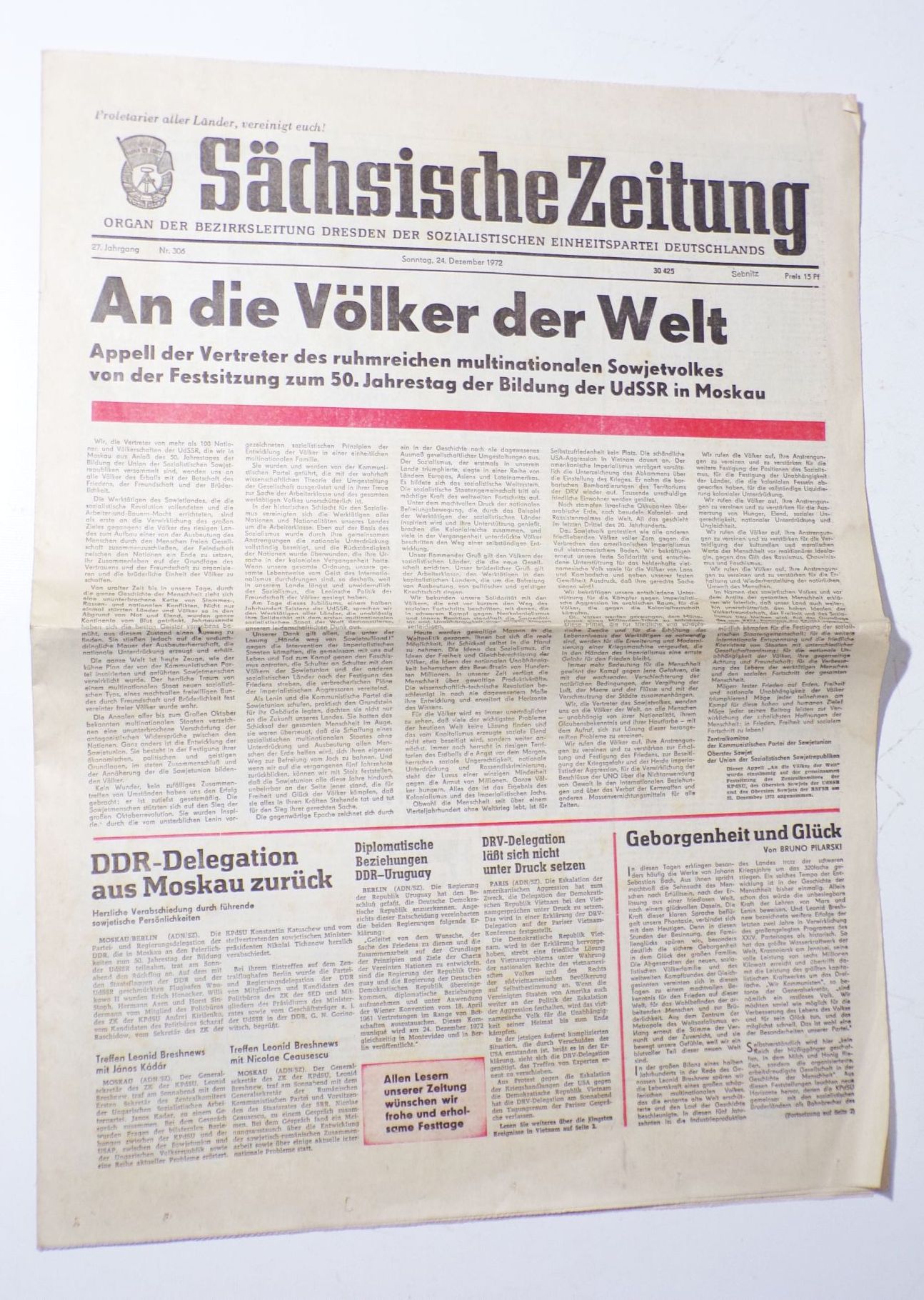 Sächsische Zeitung Nr 306 Dezember 1972 Jahrestag der UdSSR DDR 