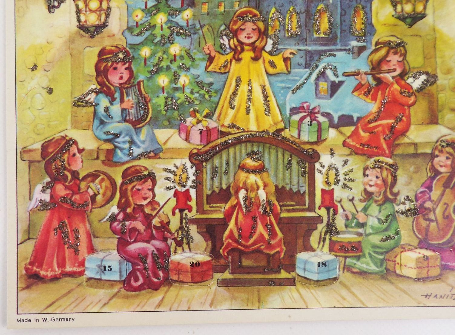 Alter Adventskalender Hanitzsch Engel mit Gloria Glocke Western Germany Glitzer 