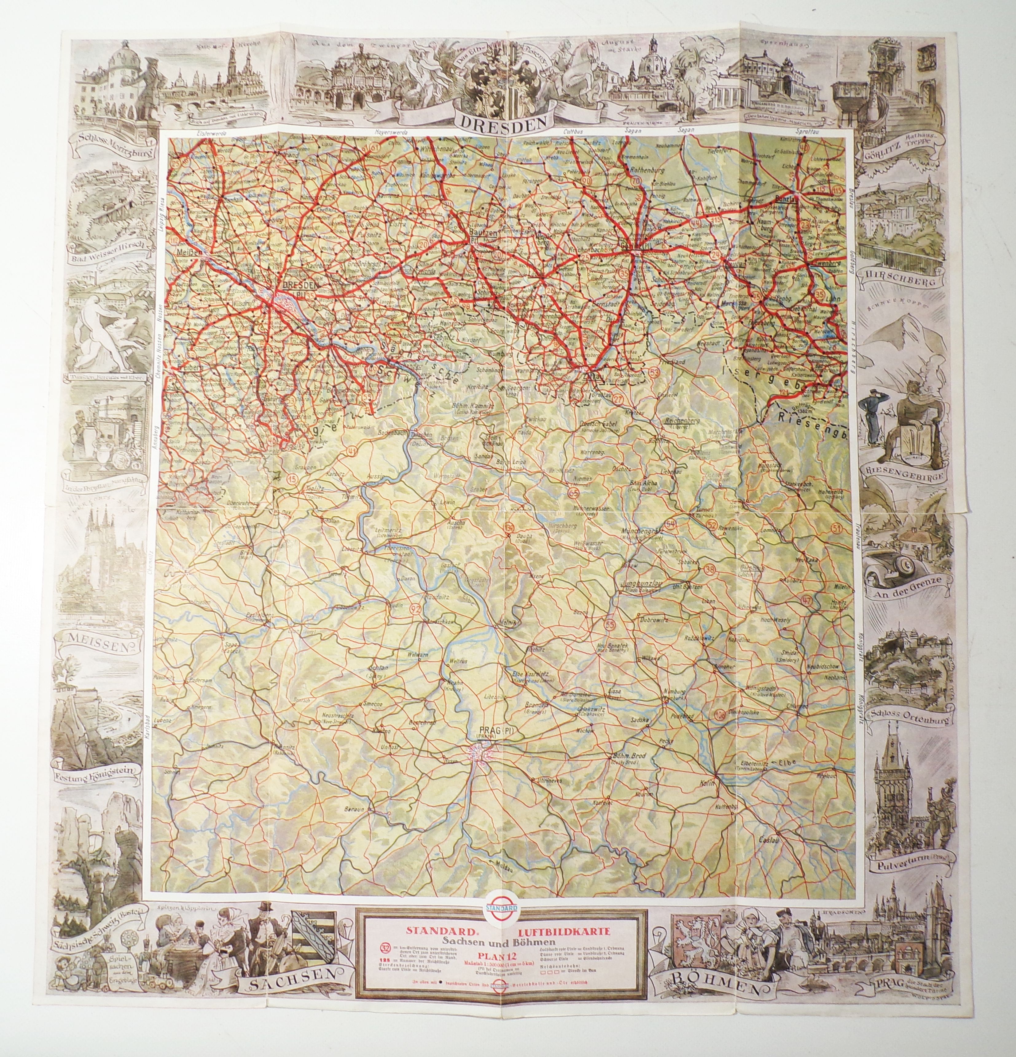 Standard Luftbildkarte für Kraftfahrer Plan 12 Dresden Görlitz Prag 1930er Landkarte