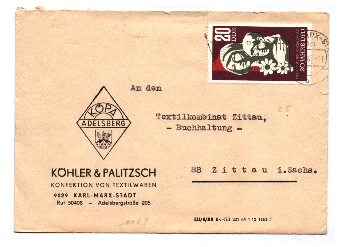 Brief Köhler Palitzsch Konfektion Textilwaren DDR Karl Marx Stadt Brief Köhler Palitzsch Konfektion Textilwaren DDR Karl Marx Stadt