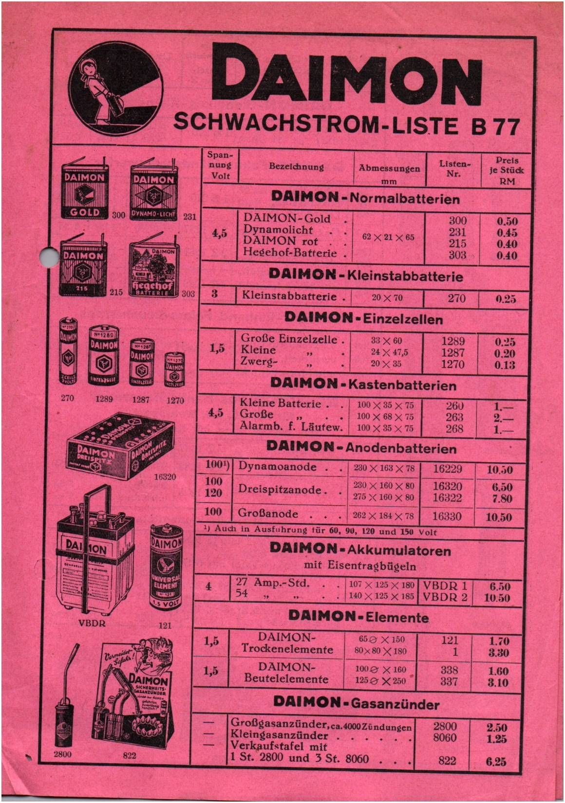 Daimon Werbe Prospekt Faltblatt Schwachstrom Batterie Taschenlampe Scheinwerfer 