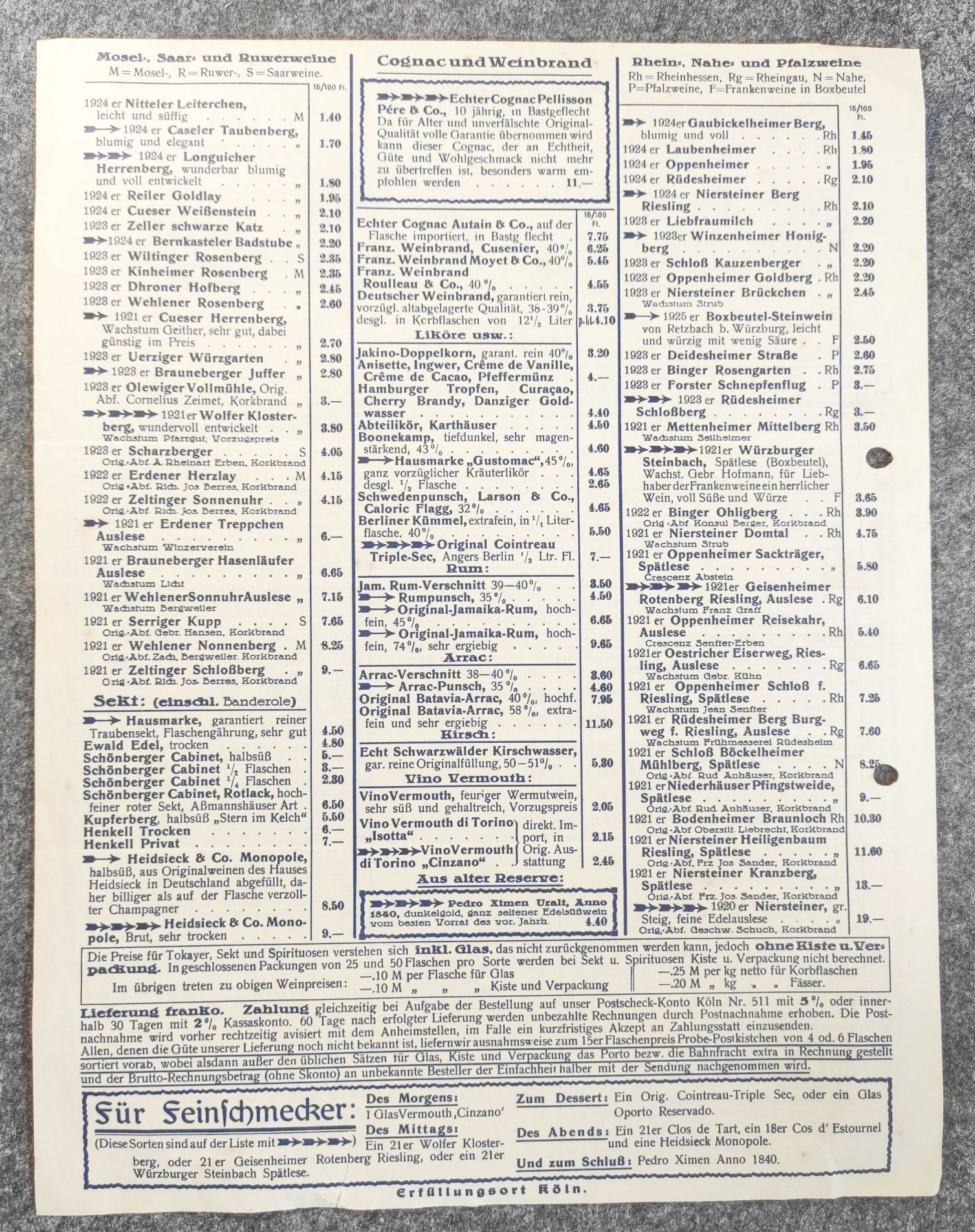 Alte Preisliste Vereinigte Wein Kellereien Köln Alte Preisliste Vereinigte Wein Kellereien Köln
