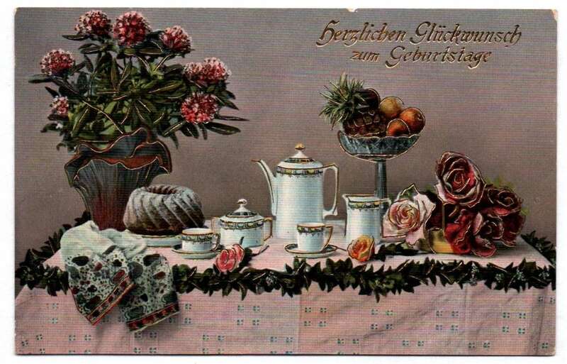 Postkarte Kaffeetisch Geburtstag Kaffeeservice gold geprägt 
