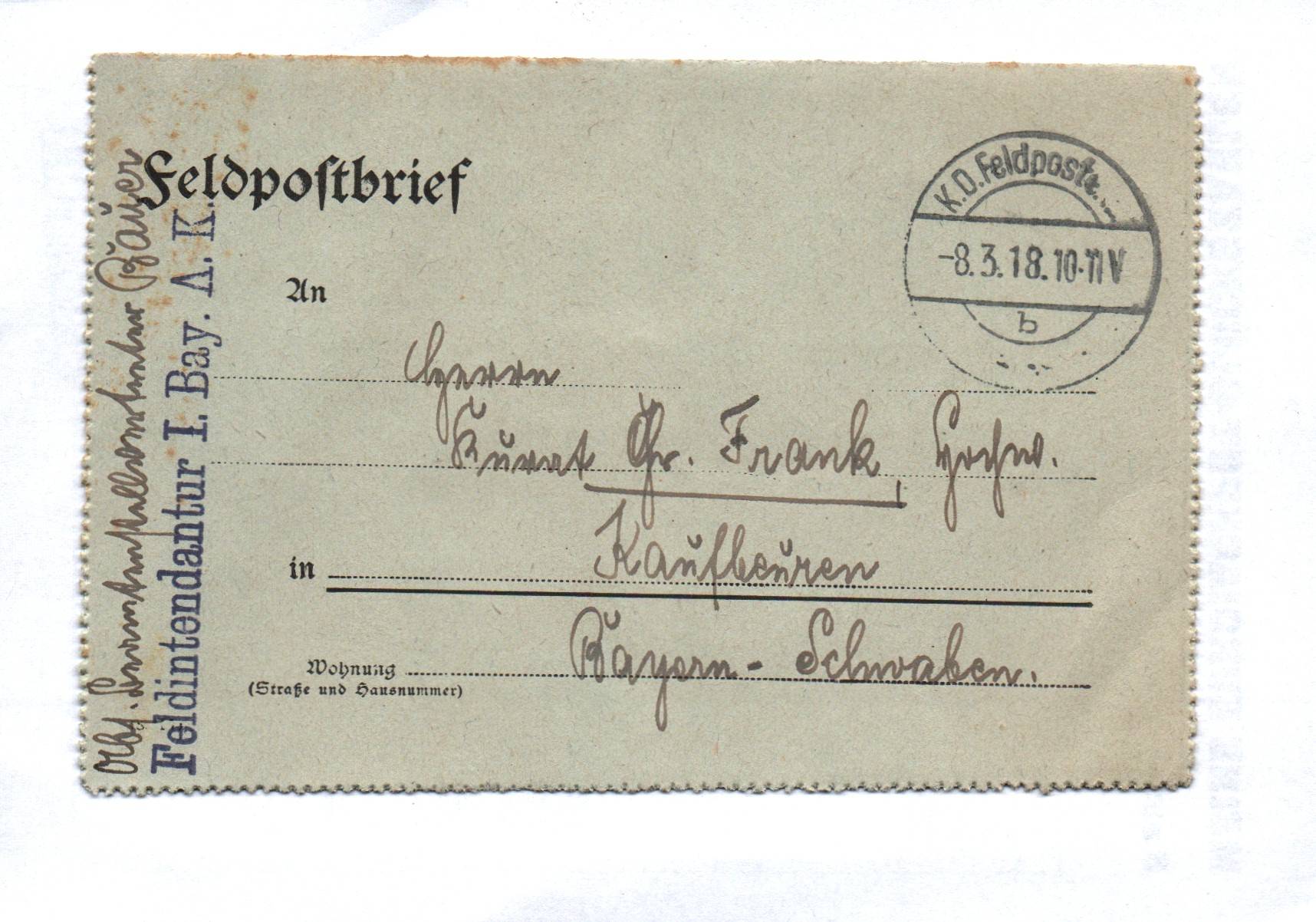 Feldpostbrief Feldintendantur I Bayerischer Armee Korp 1918