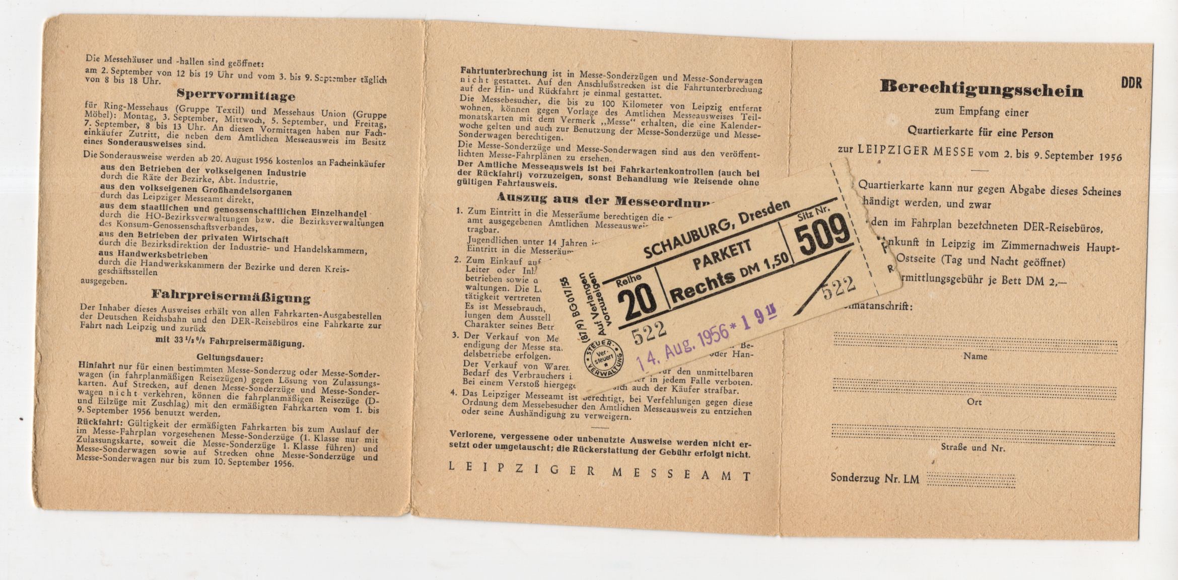 Amtlicher Leipziger Messeausweis 1956 Amtlicher Leipziger Messeausweis 1956