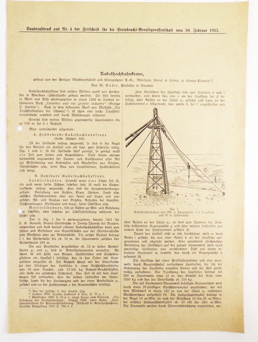 Kabelhochbahnkran Sonderabdruck Steinbruch Tagebau 1913 Kran