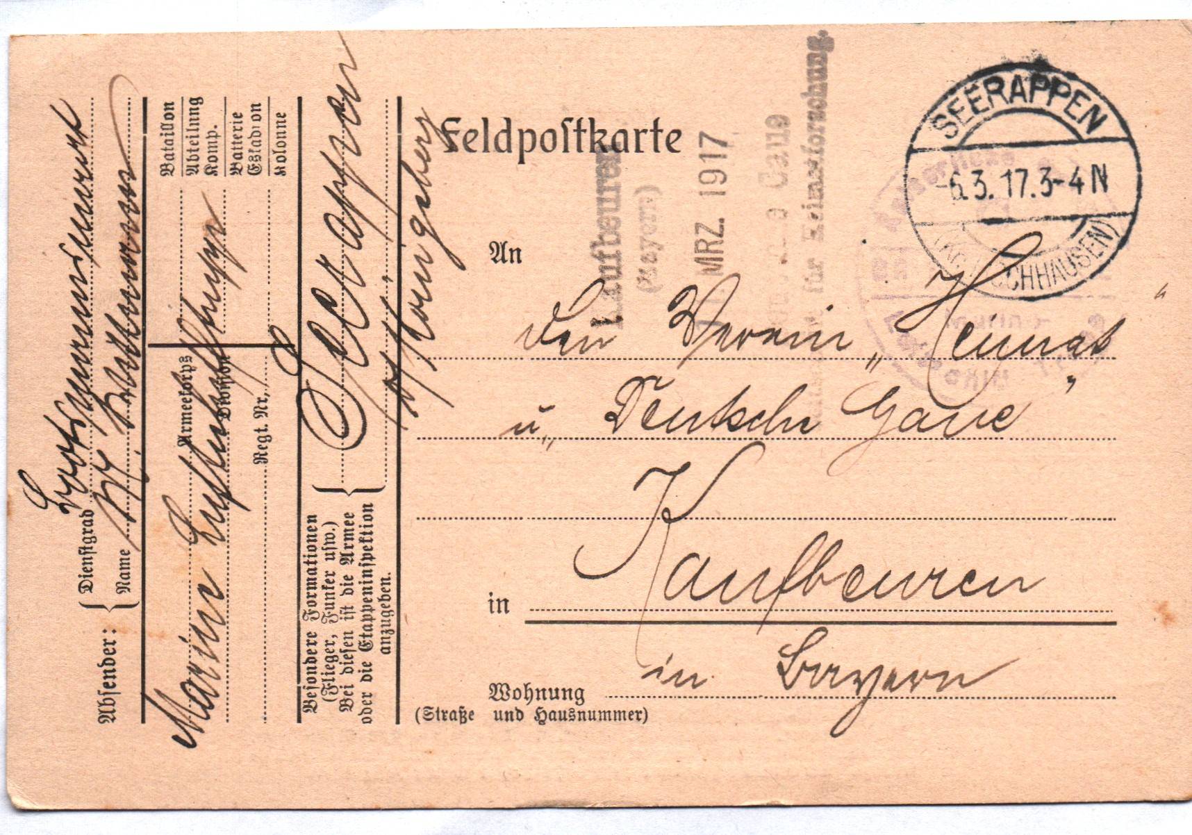 Feldpostkarte Seerappen Kreis Fischhausen Stempel Ostpreußen 1917
