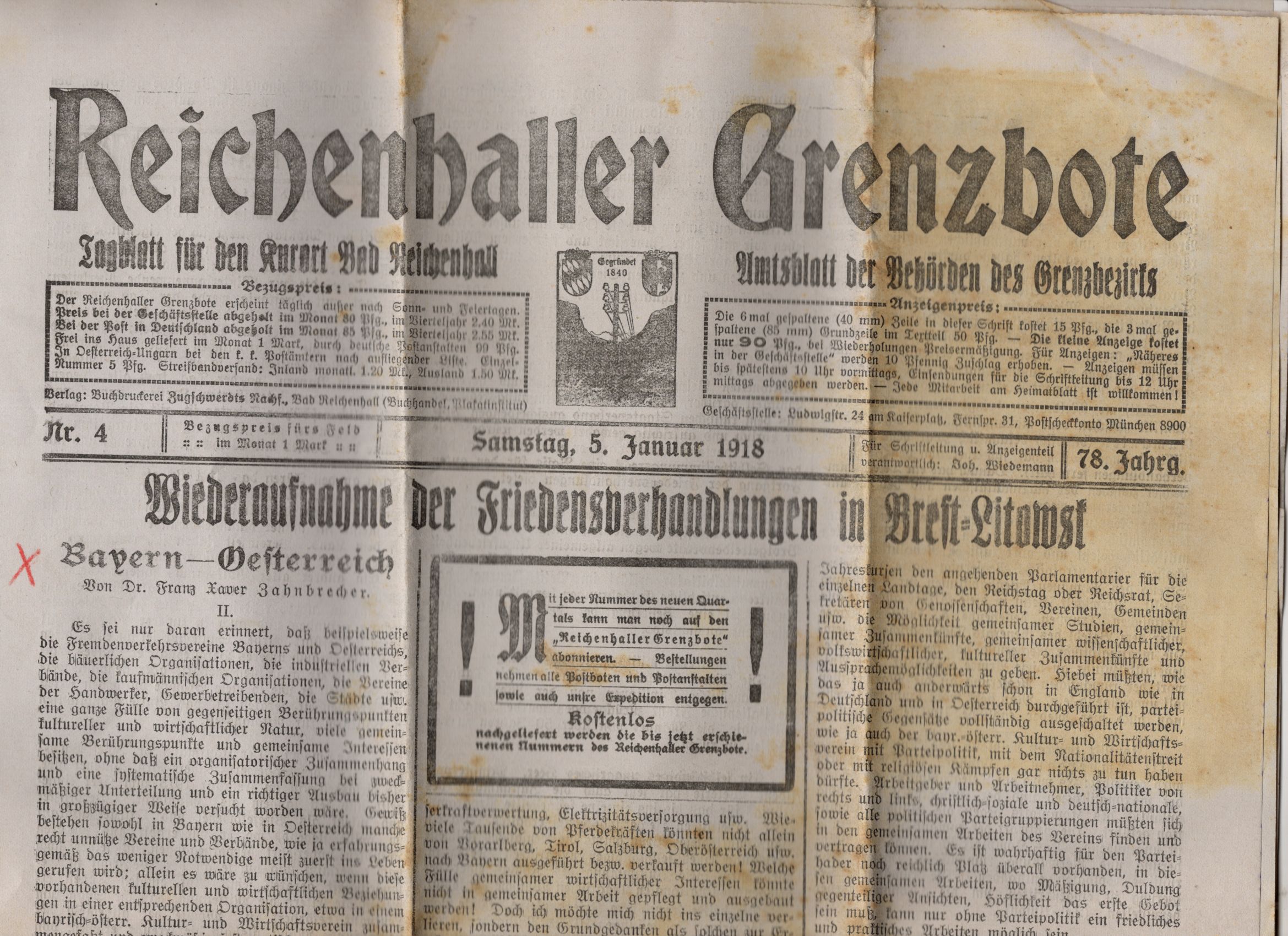 Reichenhaller Grenzbote 2 Stück 1918 Friedensverhandlung Brest Litowsk