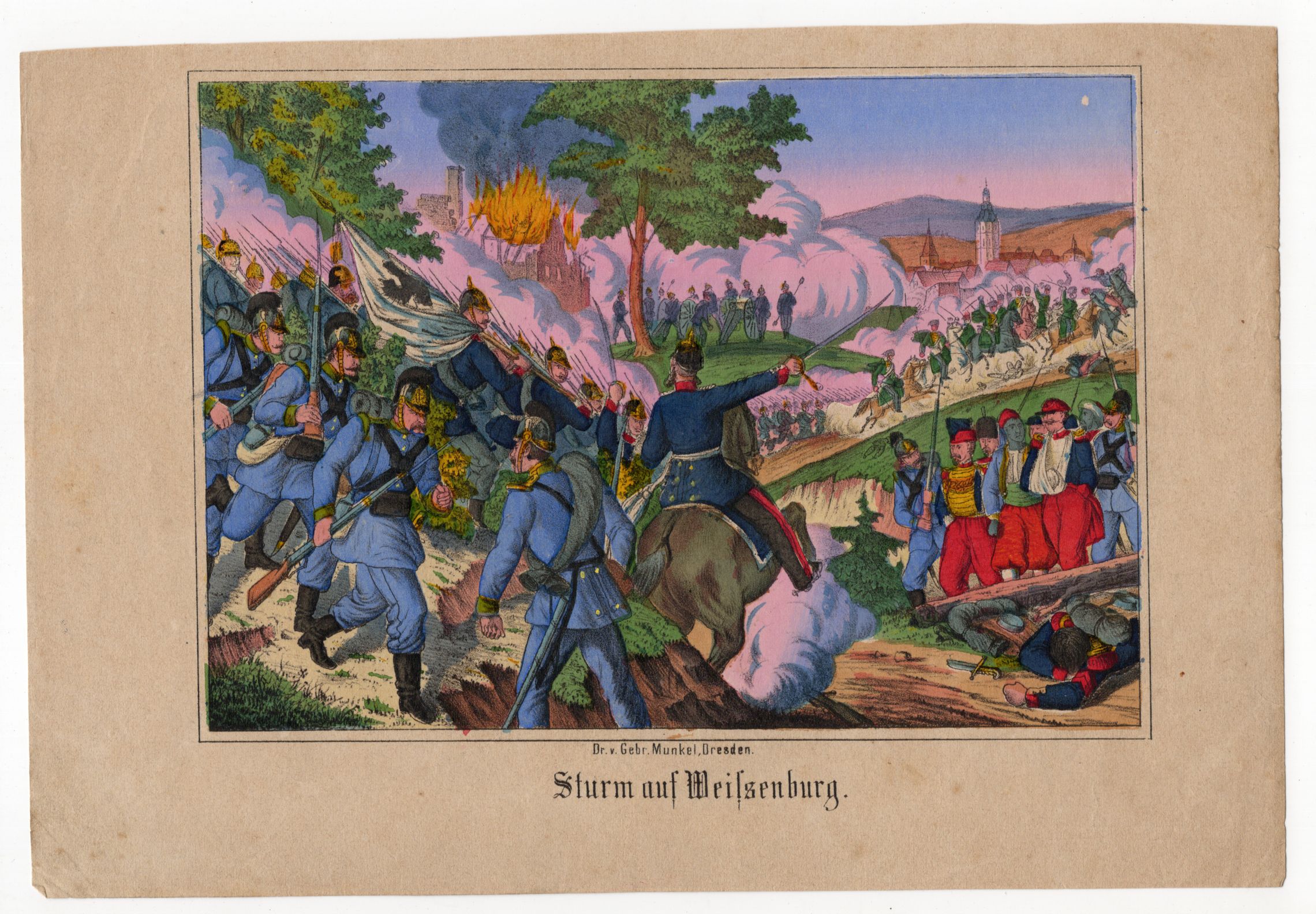 Alte kolorierte Lithografie um 1870 Sturm aus Weissenburg Militär Alte kolorierte Lithografie um 1870 Sturm aus Weissenburg Militär