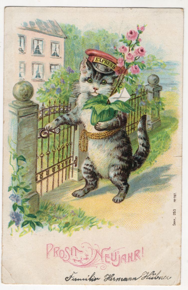 Litho Ak Katze als Postbote Prosit Neujahr um 1900