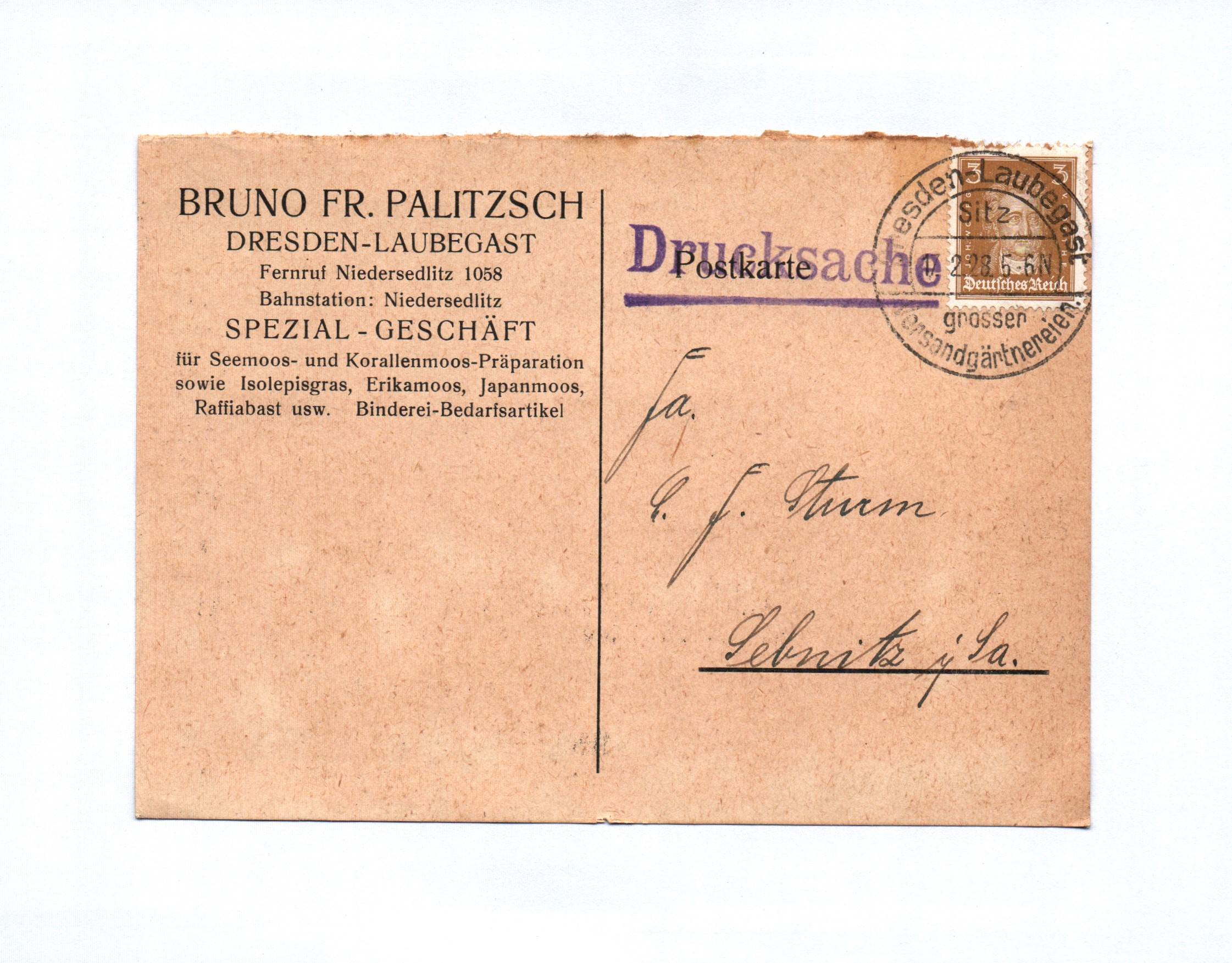 Drucksache Bruno Fr Palitzsch Dresden Laubegast Spezial Geschäft 1928 Drucksache Bruno Fr Palitzsch Dresden Laubegast Spezial Geschäft 1928