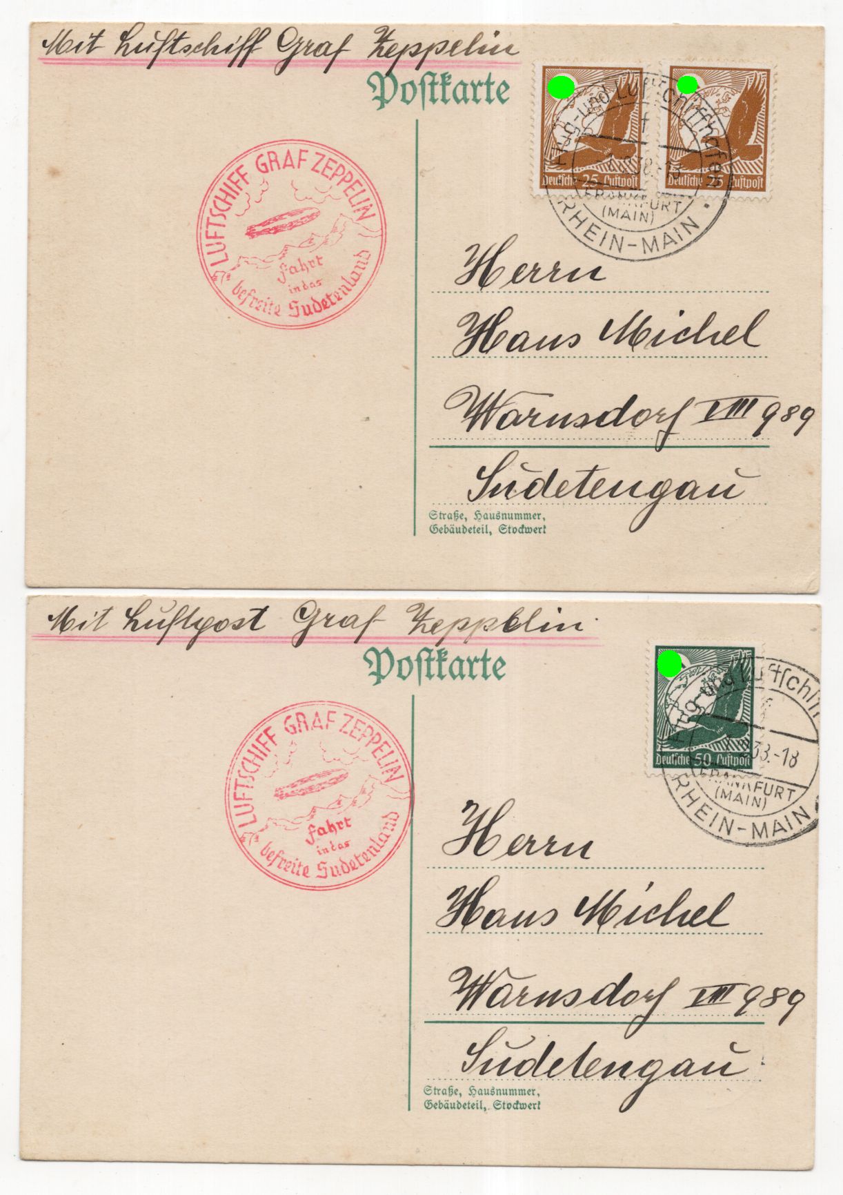 2 x Postkarte Luftschiff Graf Zeppelin Sudetenland 1938