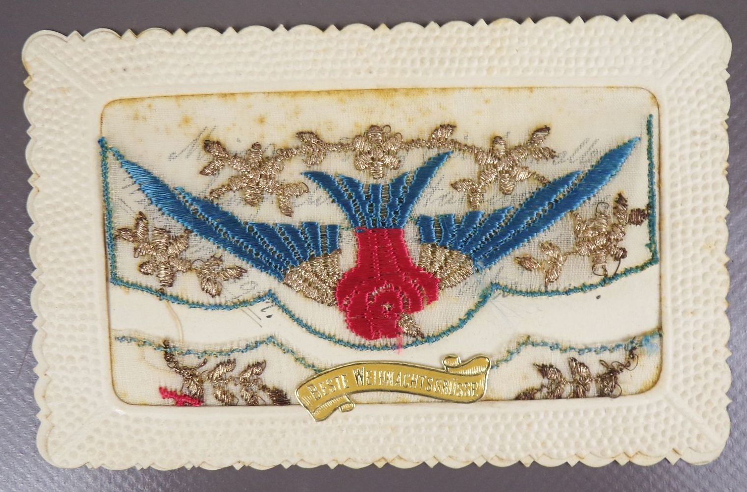 Alte Glückwunschkarten 3 Stück bestickt handmade 1941 Frankreich WW2 