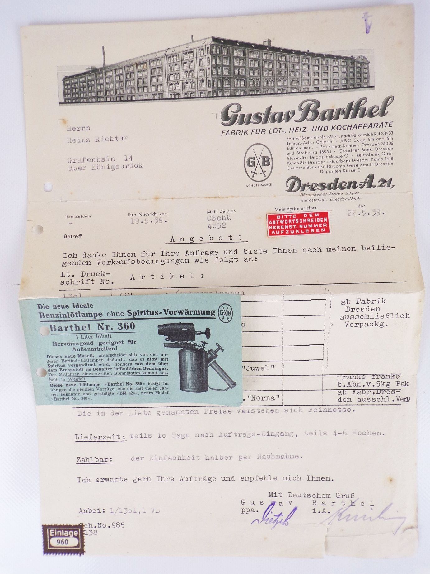 Litho Rechnung Gustav Barthel Dresden Lötlampen Kocher 1939 Litho Rechnung Gustav Barthel Dresden Lötlampen Kocher 1939