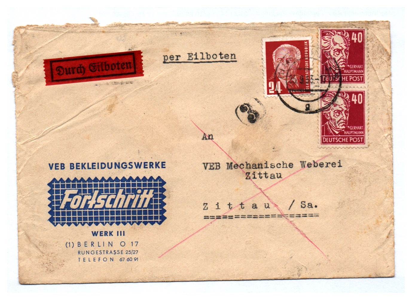 Durch Eilboten VEB Bekleidungswerke Fortschritt Berlin DDR Brief