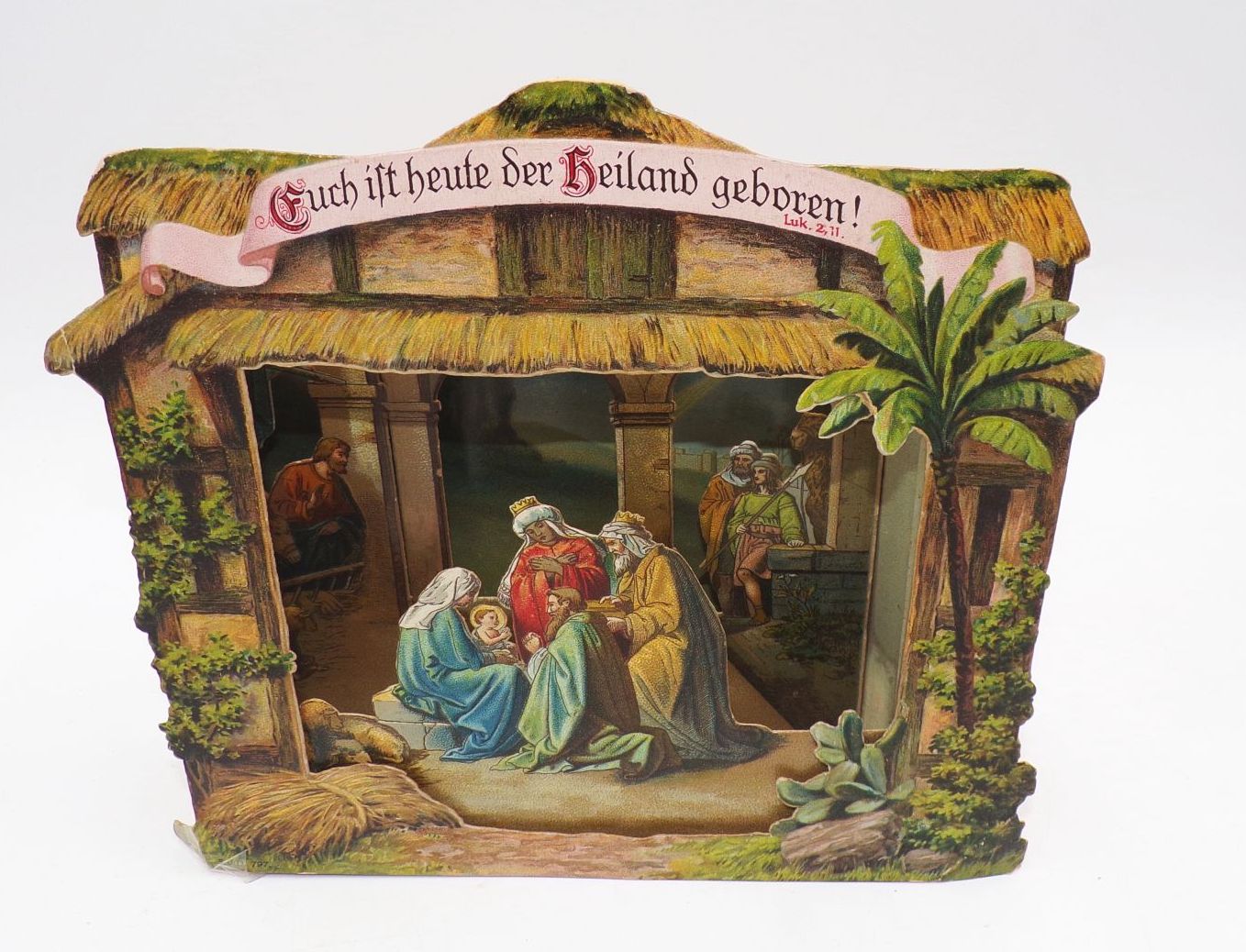 Alte Weihnachtskrippe Antik Aufstellkrippe aus Papier 3 D Weihnachtsschmuck 