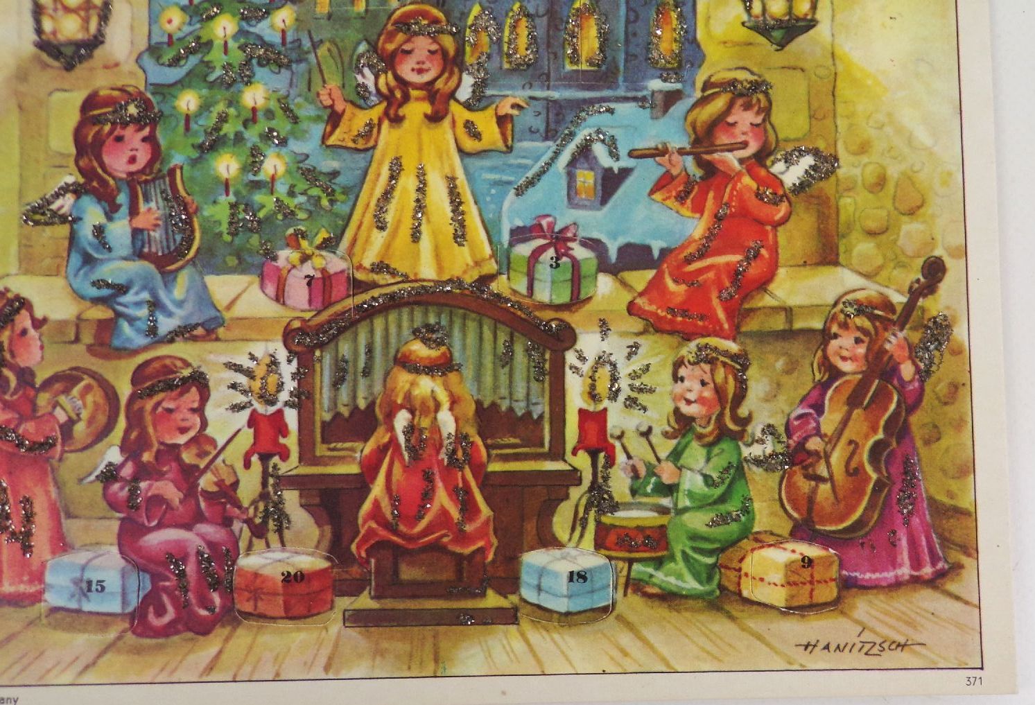 Alter Adventskalender Hanitzsch Engel mit Gloria Glocke Western Germany Glitzer 