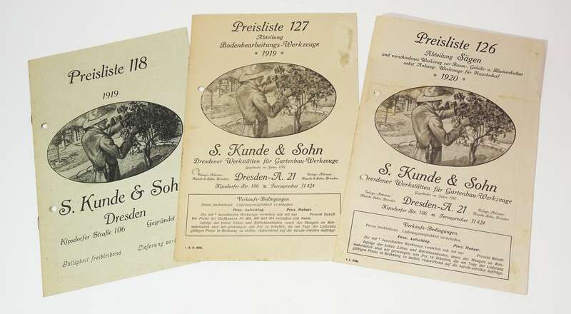 Kunde und Sohn Dresden 3 Preislisten Katalog Gartengeräte Messer 1919 1920