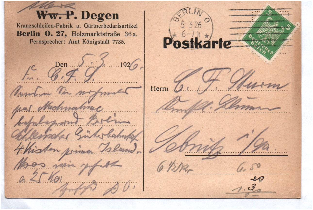 Alte Firmen Postkarte Degen Berlin O 27 Kranzschleifen Fabrik 1926 