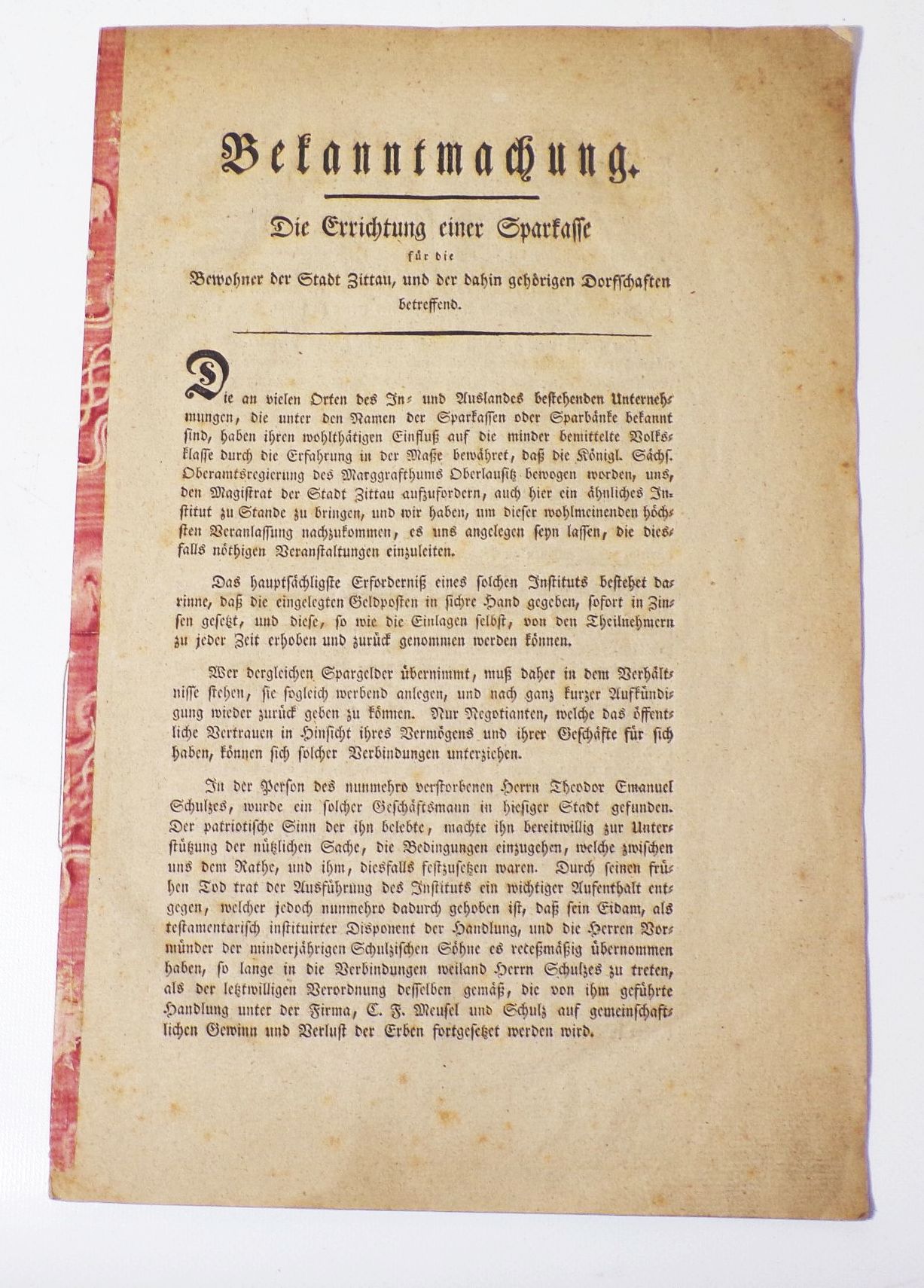 Bekanntmachung Errichtung einer Sparkasse Zittau 1825 