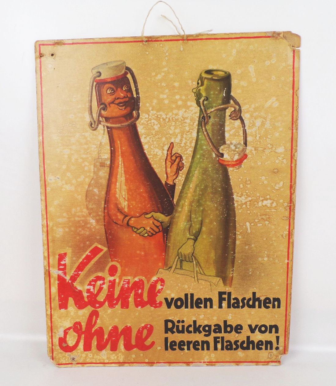 Altes Reklame Pappschild Keine vollen Flaschen ohne Rückgabe Getränkehandel DDR